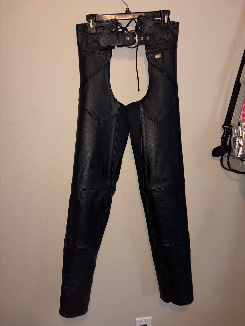 Harley-Davidson Black Leather Women's Chaps with Belt and Lace-up Waist
